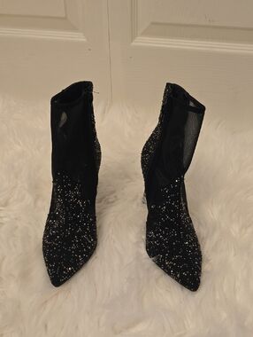 Thalia Sodi Black Sequin Mesh Pointed Ankle Boots